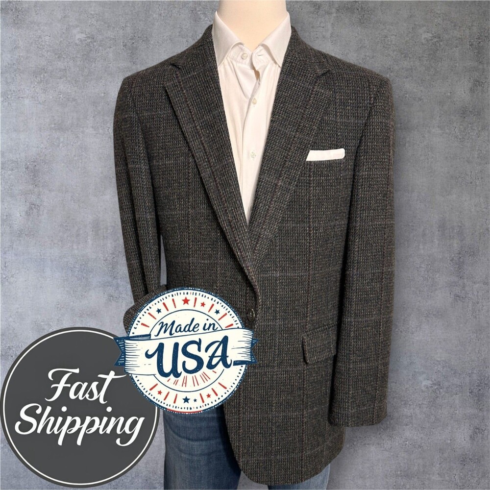 HAGGAR Vintage 44L Tweed Wool Brown Plaid Blazer Sport Coat Jacket Made in USA